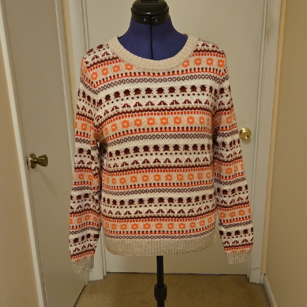 J. Crew Wool Cream Fair Isle Crewneck Sweater with Orange & Burgundy Pattern